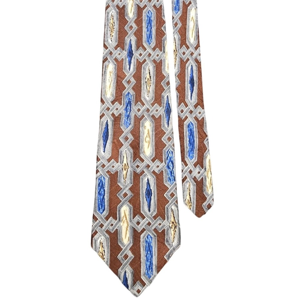 Conte‎ di Milano Italian Silk Tie Geometric Brown Blue Print Made in USA Vintage